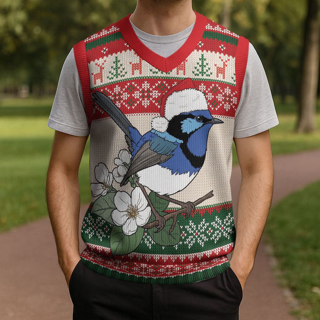 Aussie Fairy-wren Christmas Knitted V-Neck Vest Festive Knitted Pattern Inspired
