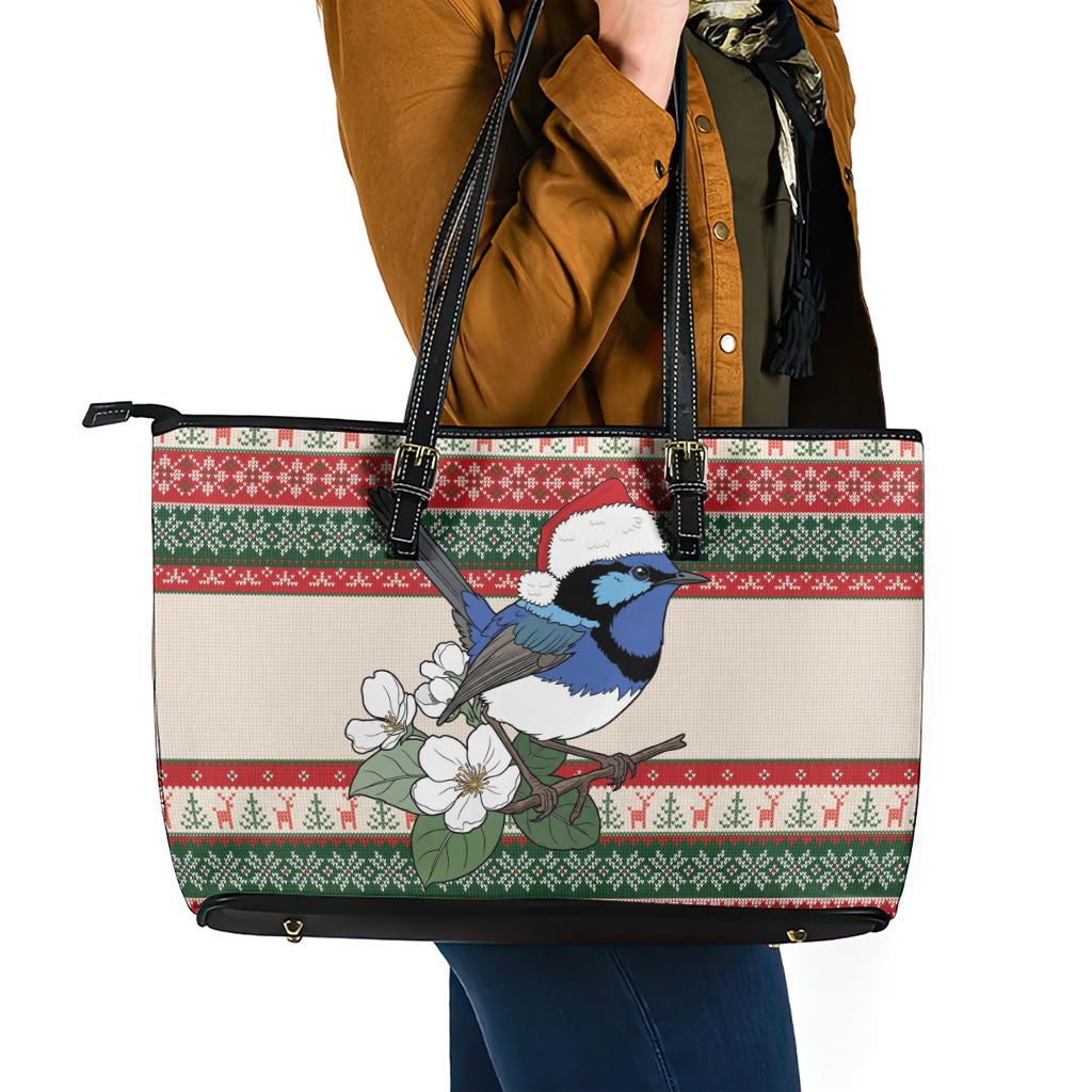 Aussie Fairy-wren Christmas Leather Tote Bag Festive Knitted Pattern Inspired