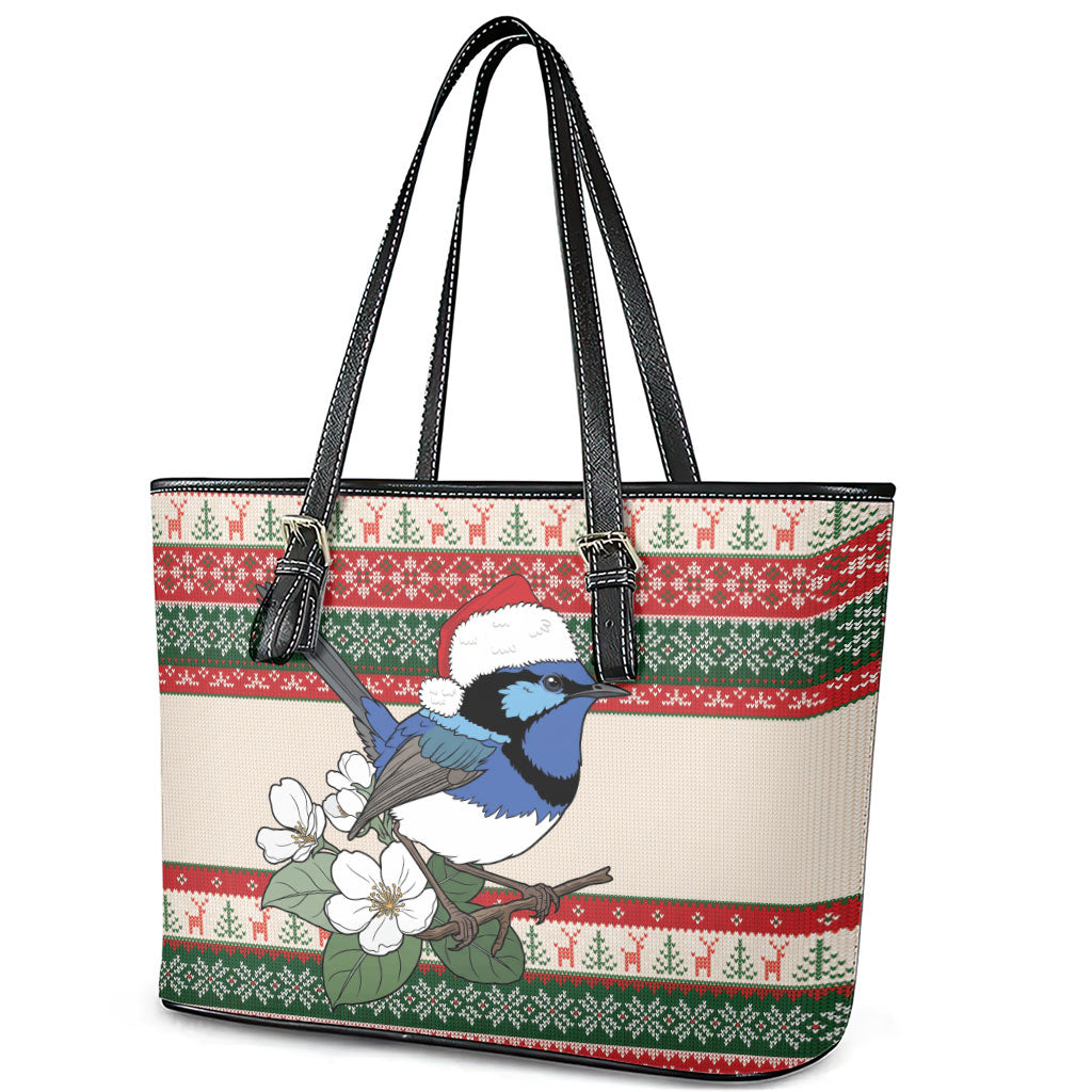 Aussie Fairy-wren Christmas Leather Tote Bag Festive Knitted Pattern Inspired