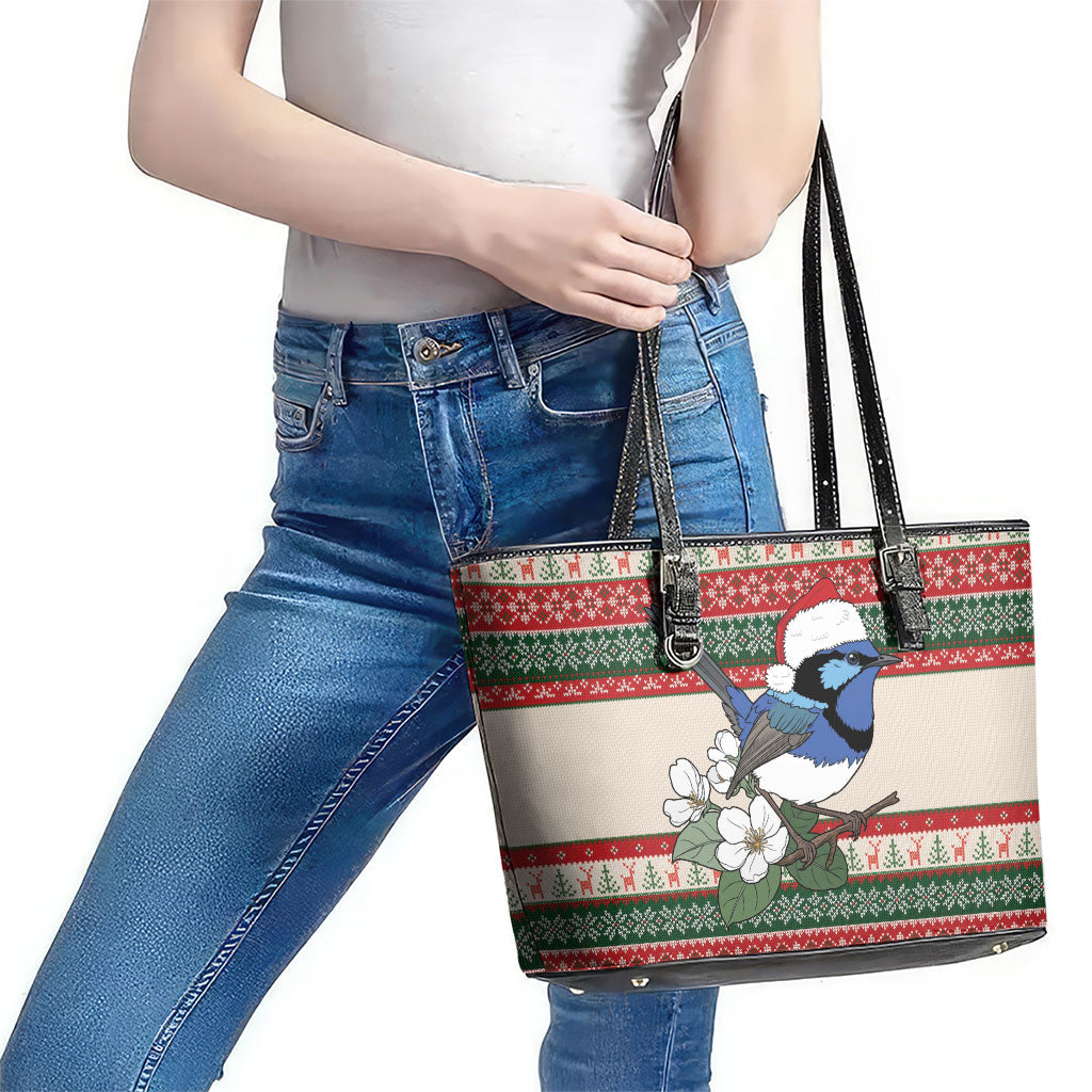 Aussie Fairy-wren Christmas Leather Tote Bag Festive Knitted Pattern Inspired