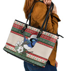 Aussie Fairy-wren Christmas Leather Tote Bag Festive Knitted Pattern Inspired