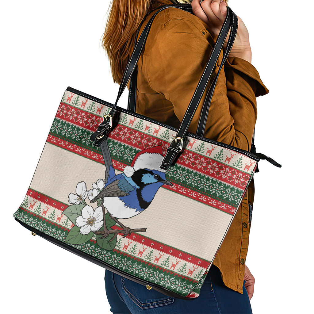 Aussie Fairy-wren Christmas Leather Tote Bag Festive Knitted Pattern Inspired
