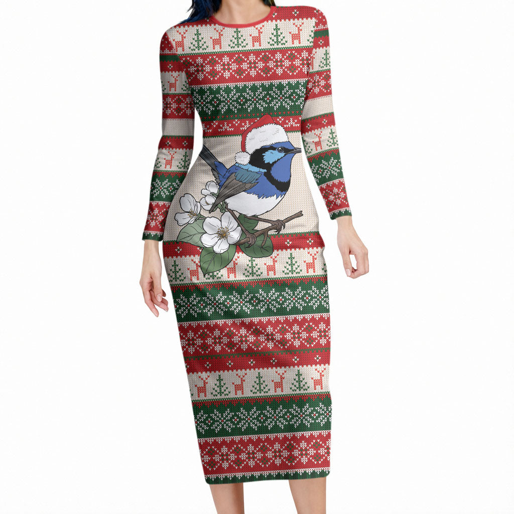 Aussie Fairy-wren Christmas Long Sleeve Bodycon Dress Festive Knitted Pattern Inspired