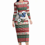 Aussie Fairy-wren Christmas Long Sleeve Bodycon Dress Festive Knitted Pattern Inspired