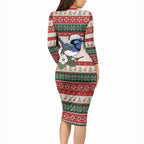 Aussie Fairy-wren Christmas Long Sleeve Bodycon Dress Festive Knitted Pattern Inspired