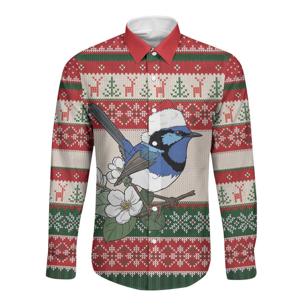 Aussie Fairy-wren Christmas Long Sleeve Button Shirt Festive Knitted Pattern Inspired