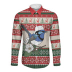 Aussie Fairy-wren Christmas Long Sleeve Button Shirt Festive Knitted Pattern Inspired