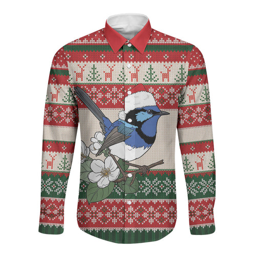 Aussie Fairy-wren Christmas Long Sleeve Button Shirt Festive Knitted Pattern Inspired