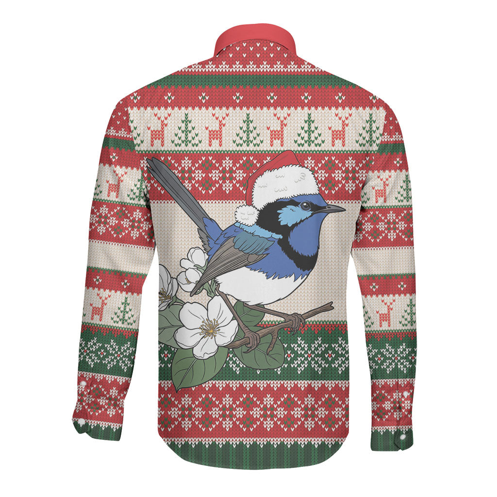 Aussie Fairy-wren Christmas Long Sleeve Button Shirt Festive Knitted Pattern Inspired