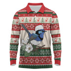 Aussie Fairy-wren Christmas Long Sleeve Polo Shirt Festive Knitted Pattern Inspired
