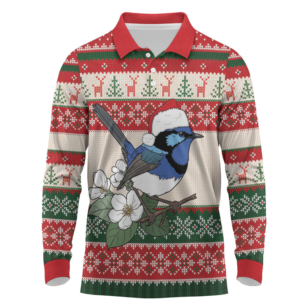 Aussie Fairy-wren Christmas Long Sleeve Polo Shirt Festive Knitted Pattern Inspired
