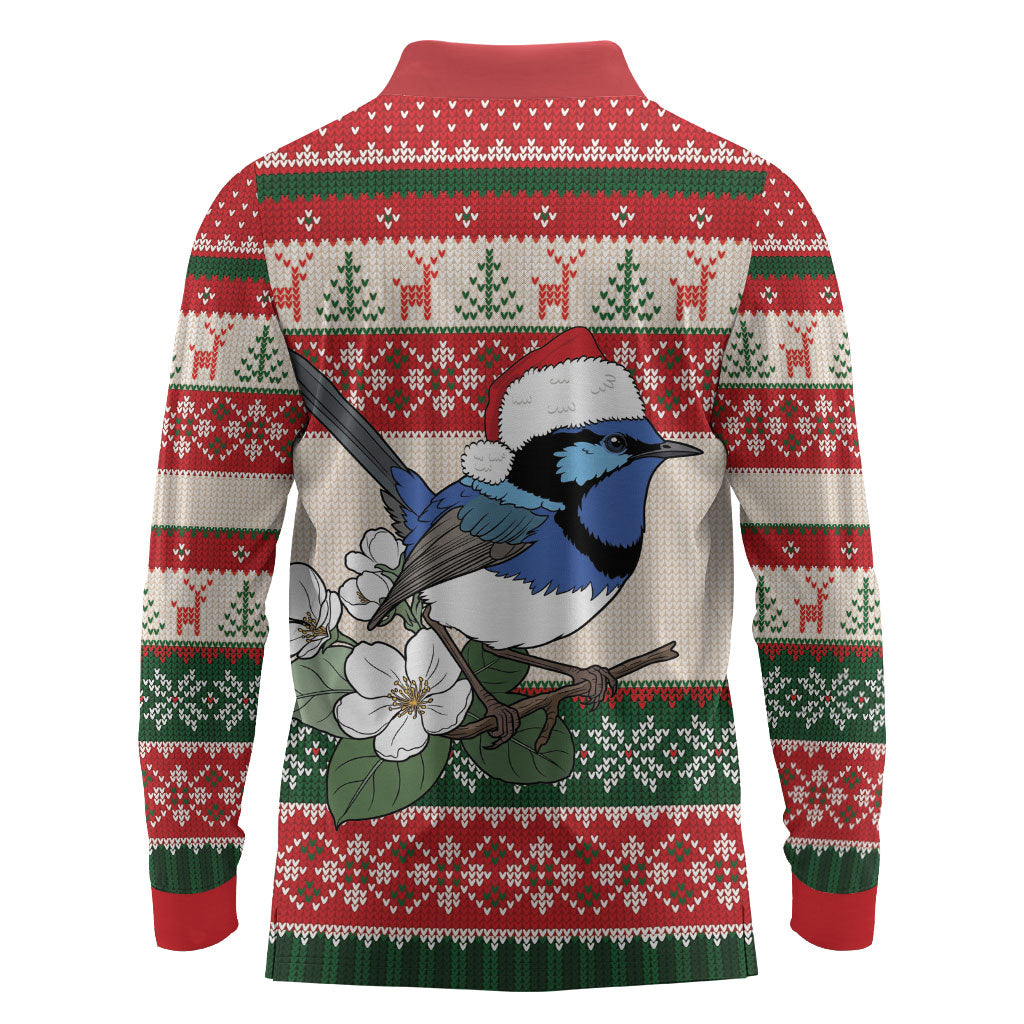 Aussie Fairy-wren Christmas Long Sleeve Polo Shirt Festive Knitted Pattern Inspired
