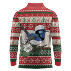 Aussie Fairy-wren Christmas Long Sleeve Polo Shirt Festive Knitted Pattern Inspired