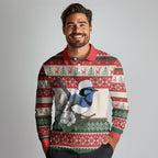 Aussie Fairy-wren Christmas Long Sleeve Polo Shirt Festive Knitted Pattern Inspired