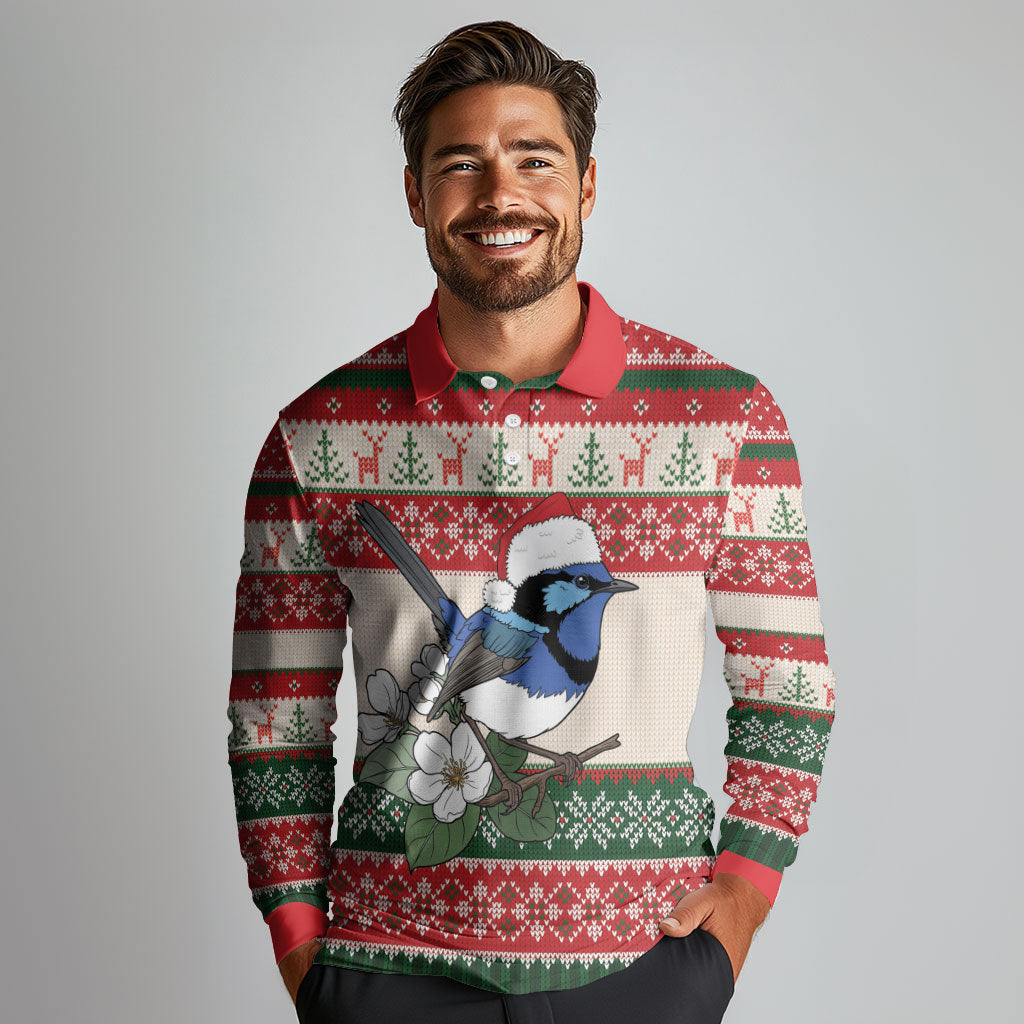 Aussie Fairy-wren Christmas Long Sleeve Polo Shirt Festive Knitted Pattern Inspired