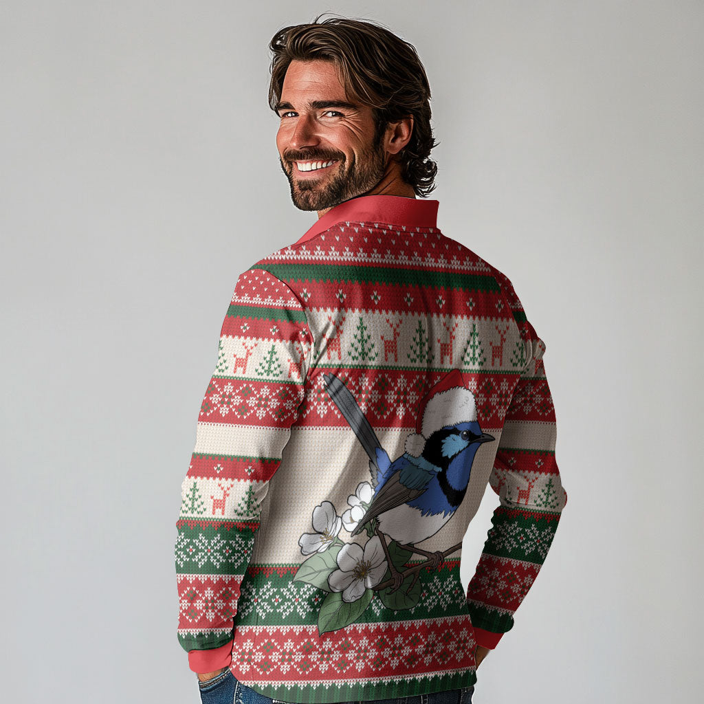 Aussie Fairy-wren Christmas Long Sleeve Polo Shirt Festive Knitted Pattern Inspired