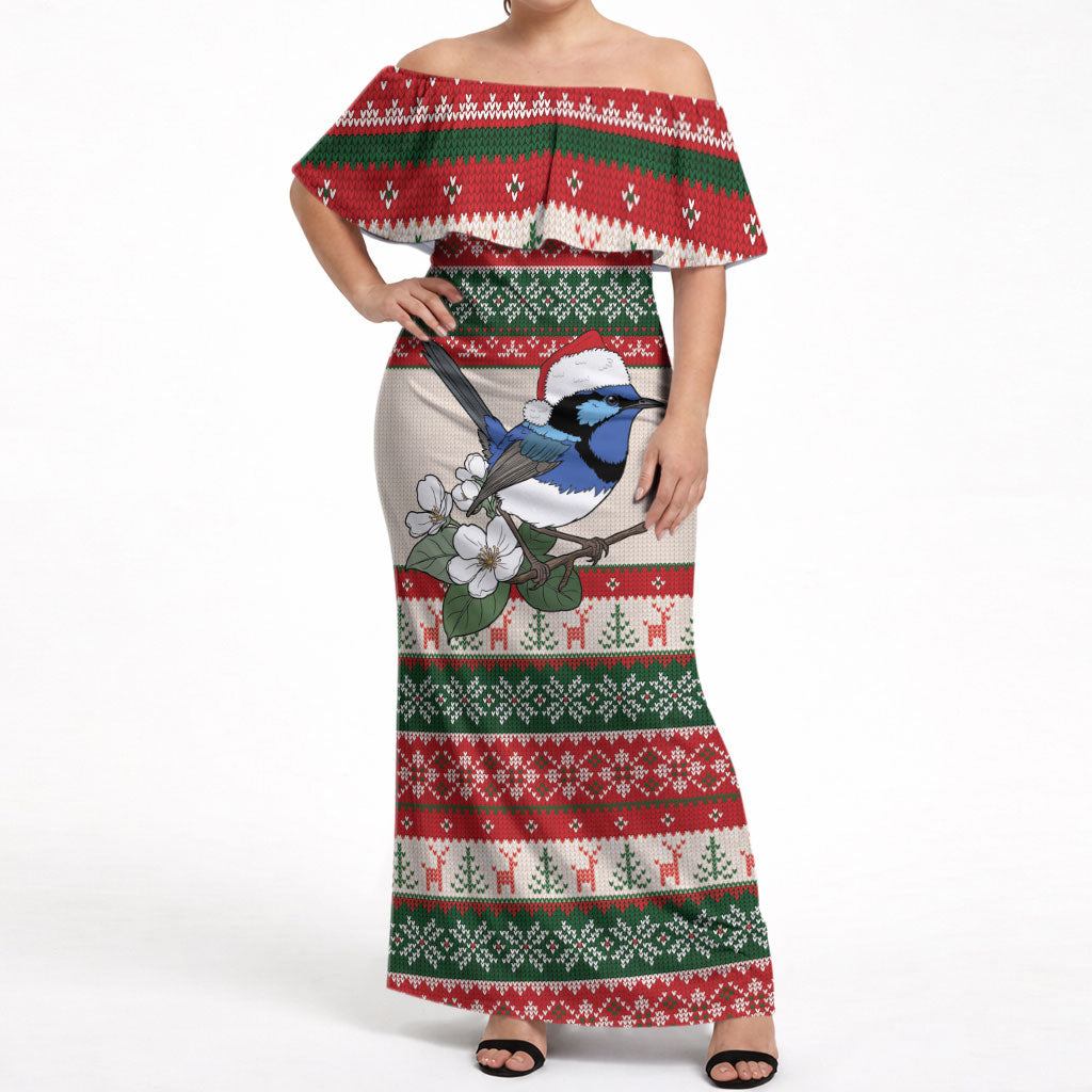Aussie Fairy-wren Christmas Off Shoulder Maxi Dress Festive Knitted Pattern Inspired