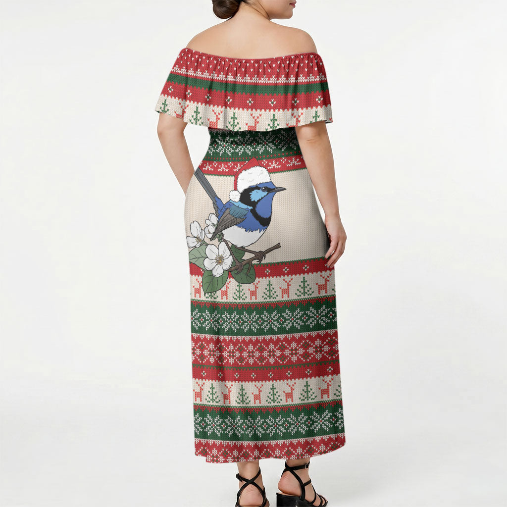 Aussie Fairy-wren Christmas Off Shoulder Maxi Dress Festive Knitted Pattern Inspired