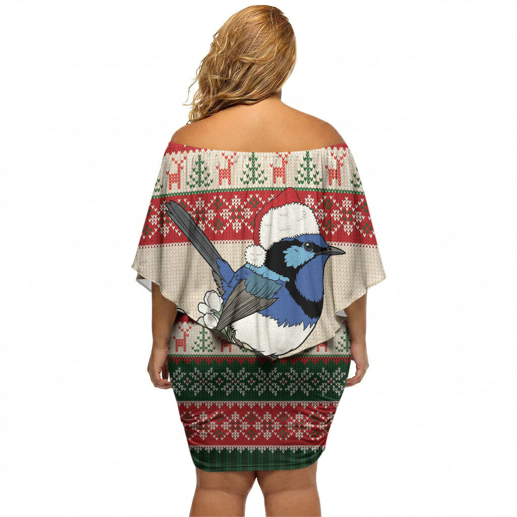 Aussie Fairy-wren Christmas Off Shoulder Short Dress Festive Knitted Pattern Inspired
