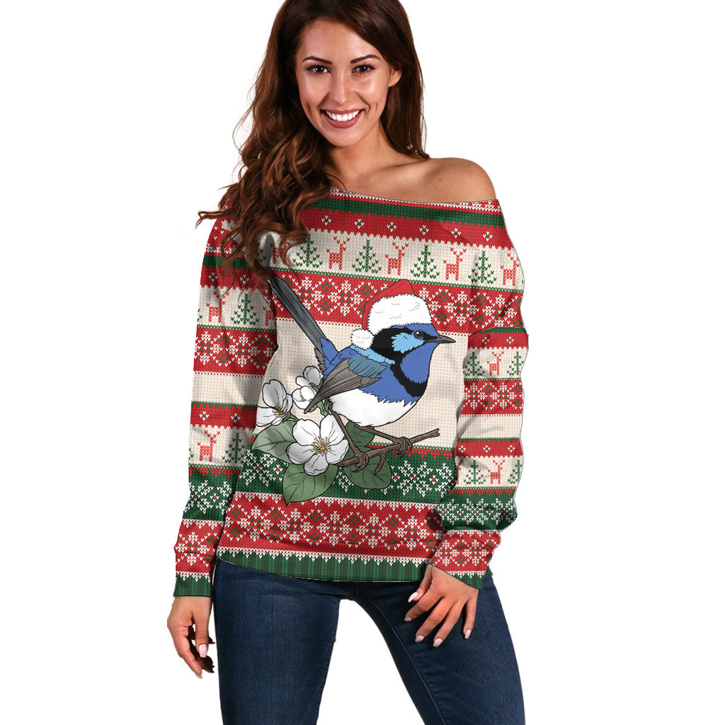 Aussie Fairy-wren Christmas Off Shoulder Sweater Festive Knitted Pattern Inspired