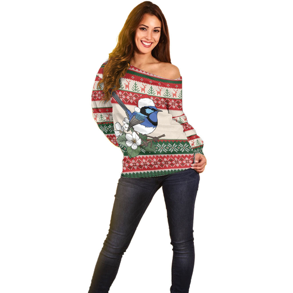 Aussie Fairy-wren Christmas Off Shoulder Sweater Festive Knitted Pattern Inspired