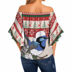 Aussie Fairy-wren Christmas Off Shoulder Wrap Waist Top Festive Knitted Pattern Inspired