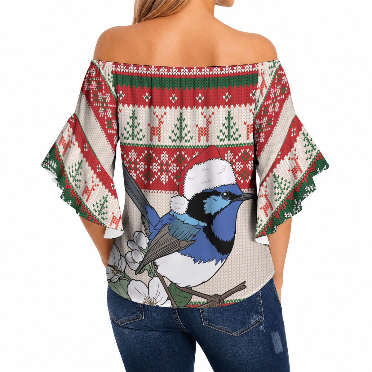 Aussie Fairy-wren Christmas Off Shoulder Wrap Waist Top Festive Knitted Pattern Inspired