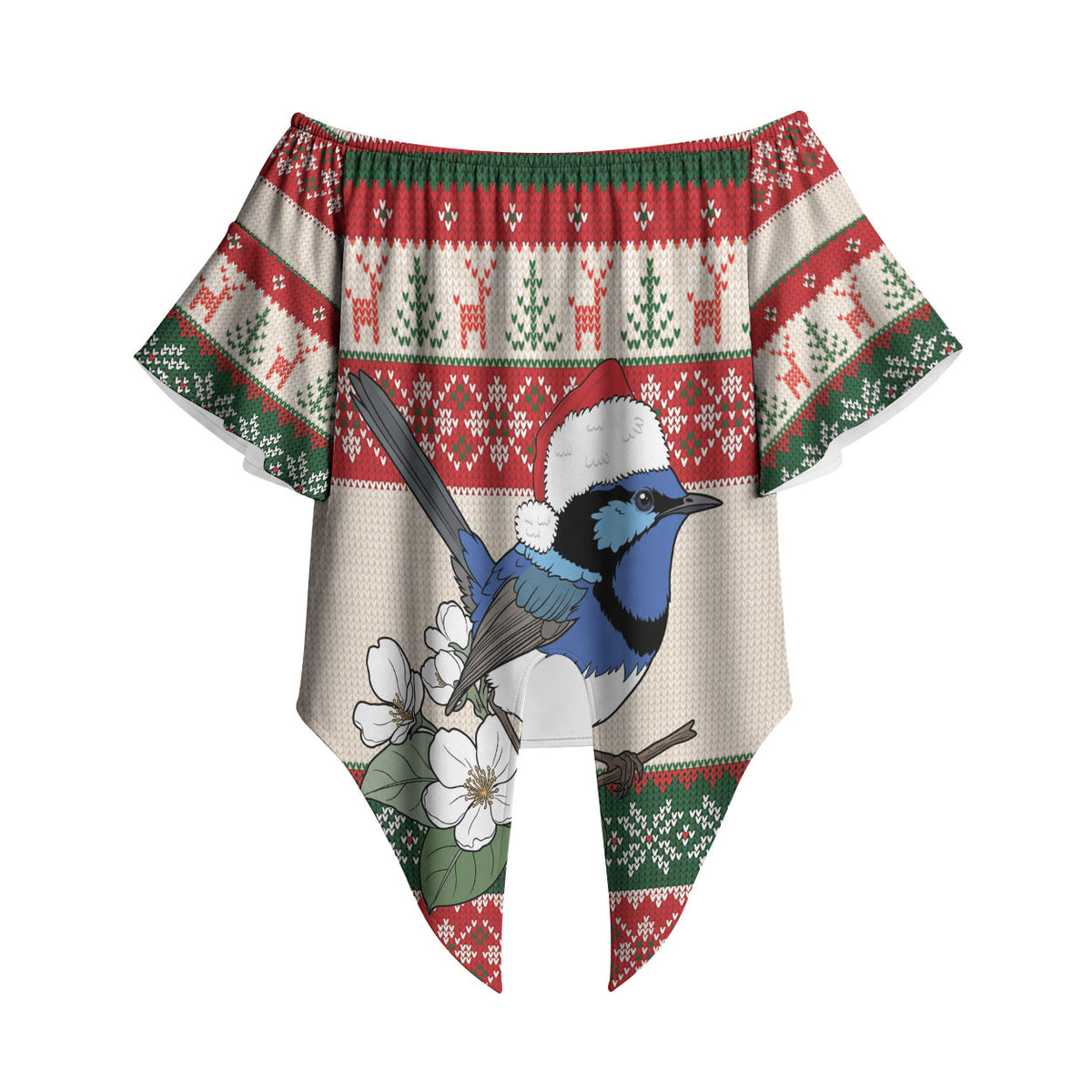 Aussie Fairy-wren Christmas Off Shoulder Wrap Waist Top Festive Knitted Pattern Inspired