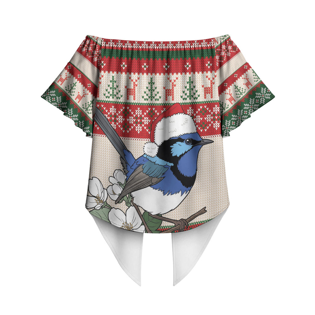 Aussie Fairy-wren Christmas Off Shoulder Wrap Waist Top Festive Knitted Pattern Inspired