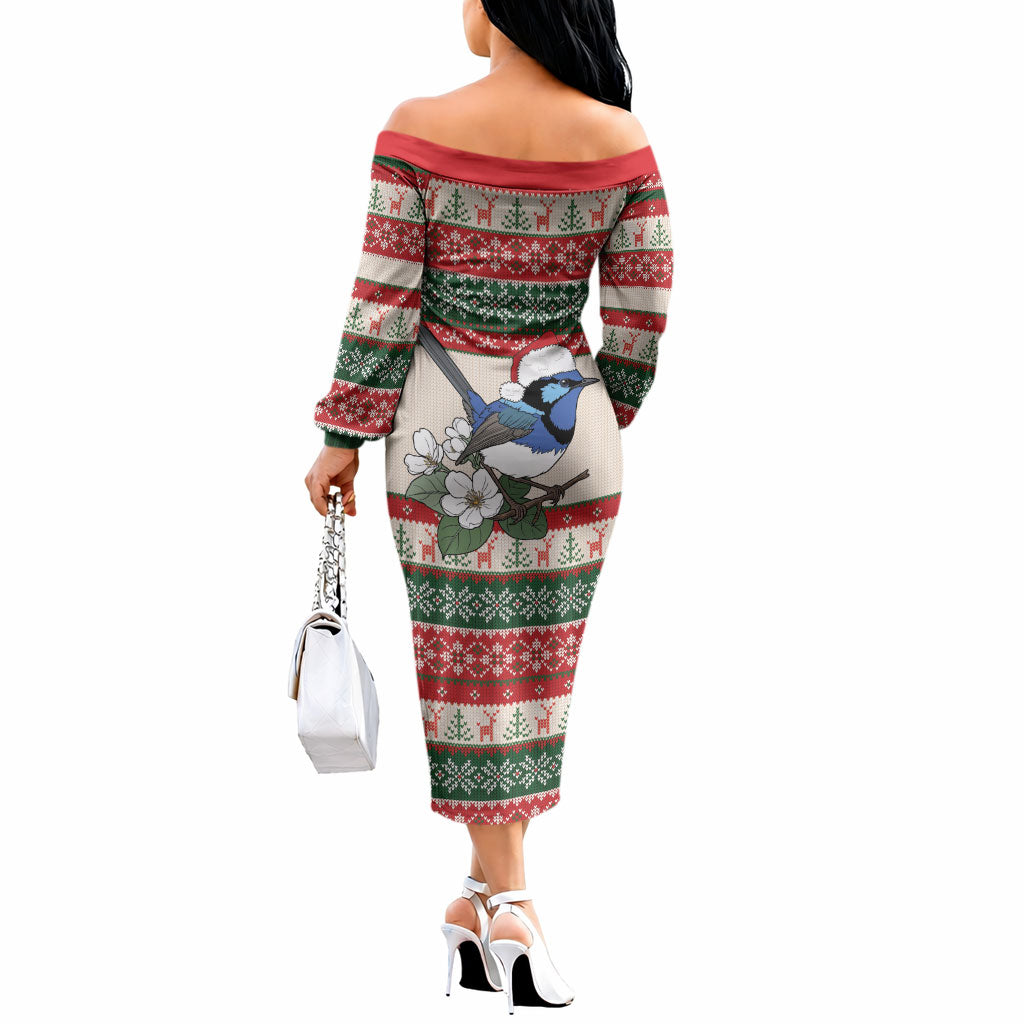 Aussie Fairy-wren Christmas Off The Shoulder Long Sleeve Dress Festive Knitted Pattern Inspired