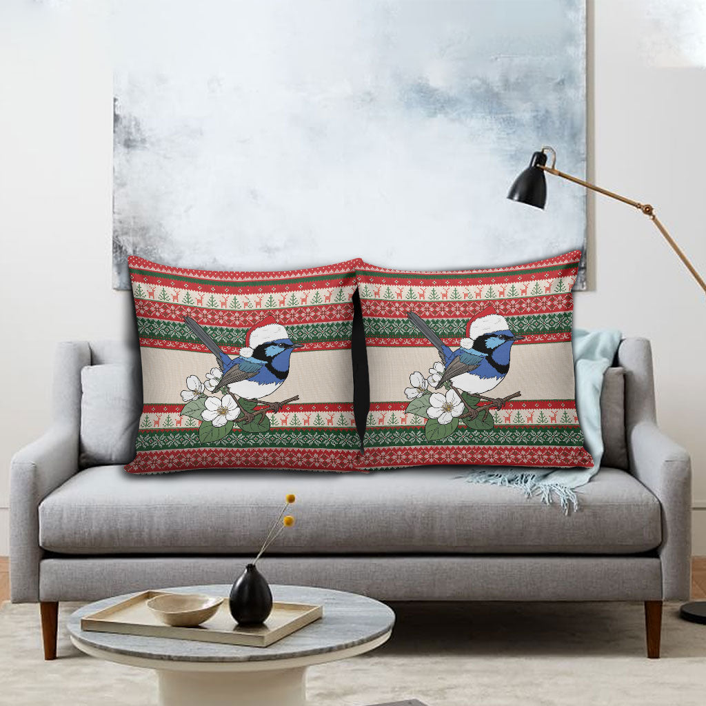Aussie Fairy-wren Christmas Pillow Cover Festive Knitted Pattern Inspired