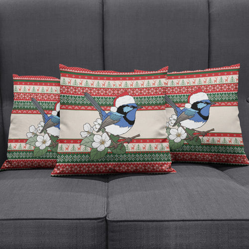 Aussie Fairy-wren Christmas Pillow Cover Festive Knitted Pattern Inspired