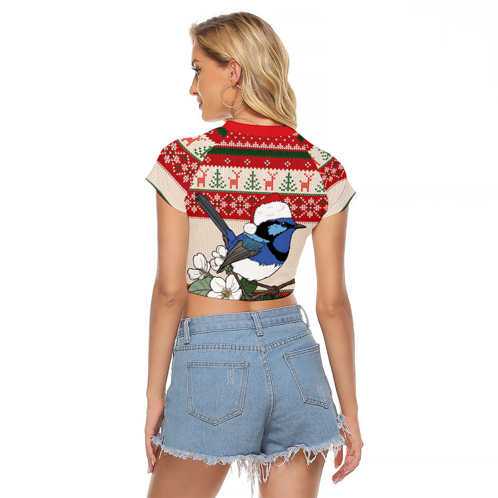 Aussie Fairy-wren Christmas Raglan Cropped T Shirt Festive Knitted Pattern Inspired