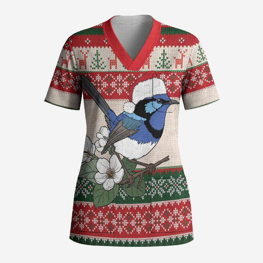 Aussie Fairy-wren Christmas Scrub Top Festive Knitted Pattern Inspired