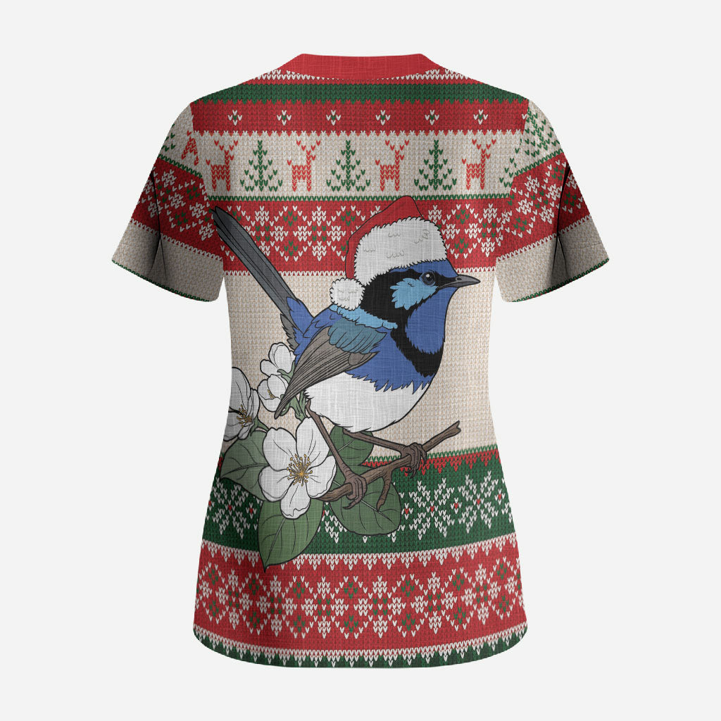 Aussie Fairy-wren Christmas Scrub Top Festive Knitted Pattern Inspired