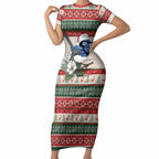 Aussie Fairy-wren Christmas Short Sleeve Bodycon Dress Festive Knitted Pattern Inspired