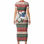 Aussie Fairy-wren Christmas Short Sleeve Bodycon Dress Festive Knitted Pattern Inspired