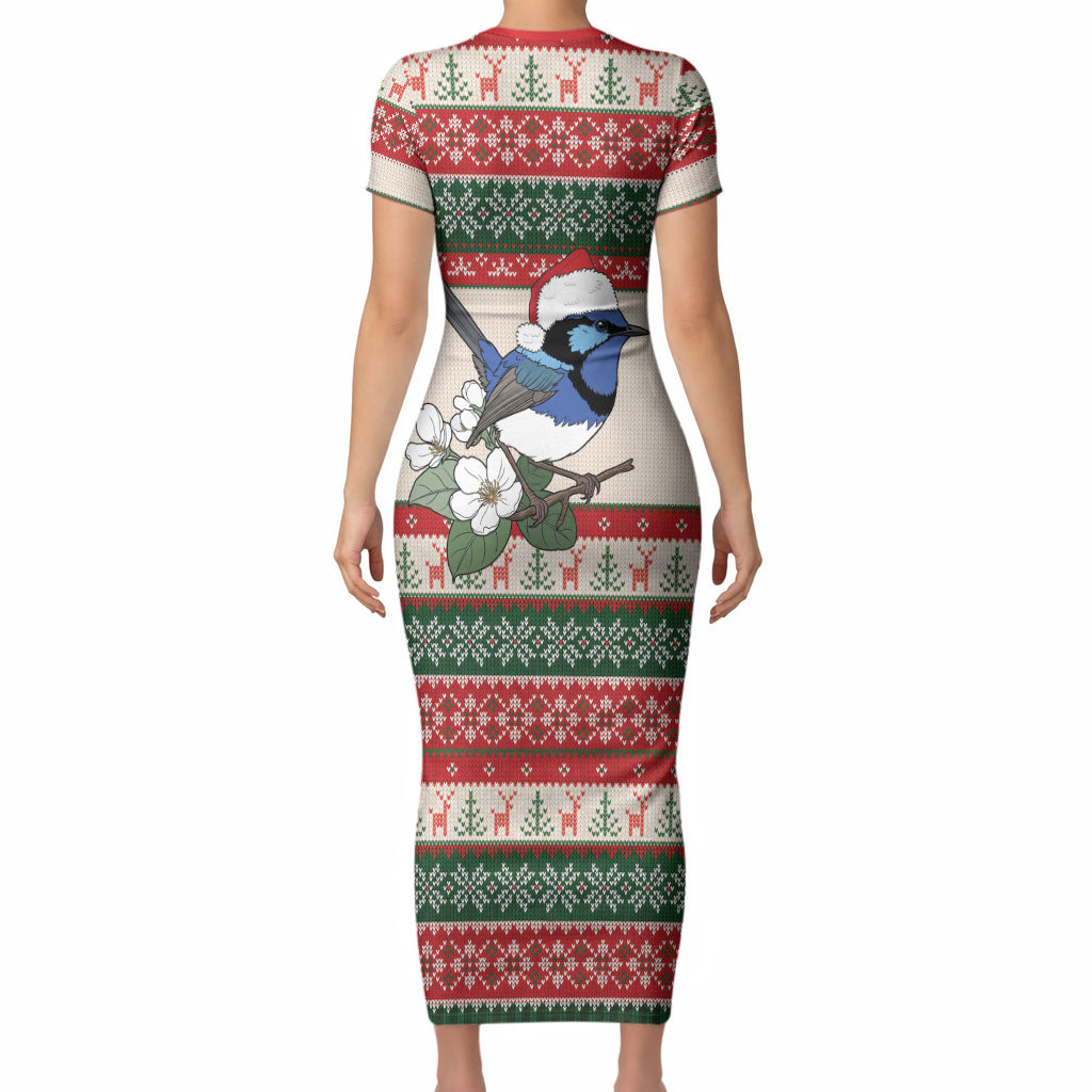 Aussie Fairy-wren Christmas Short Sleeve Bodycon Dress Festive Knitted Pattern Inspired