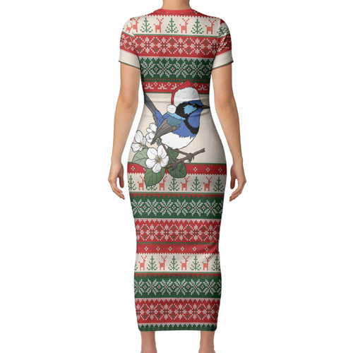 Aussie Fairy-wren Christmas Short Sleeve Bodycon Dress Festive Knitted Pattern Inspired