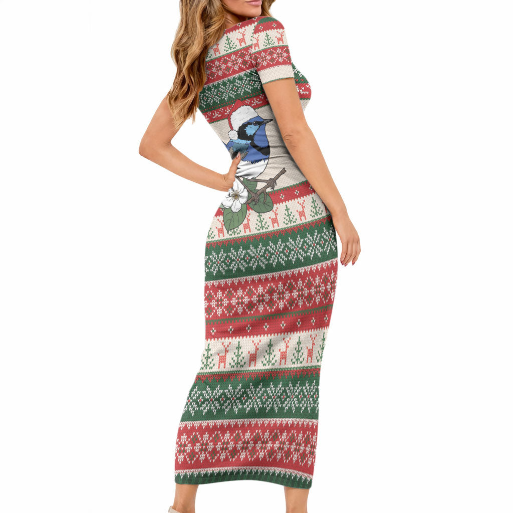 Aussie Fairy-wren Christmas Short Sleeve Bodycon Dress Festive Knitted Pattern Inspired