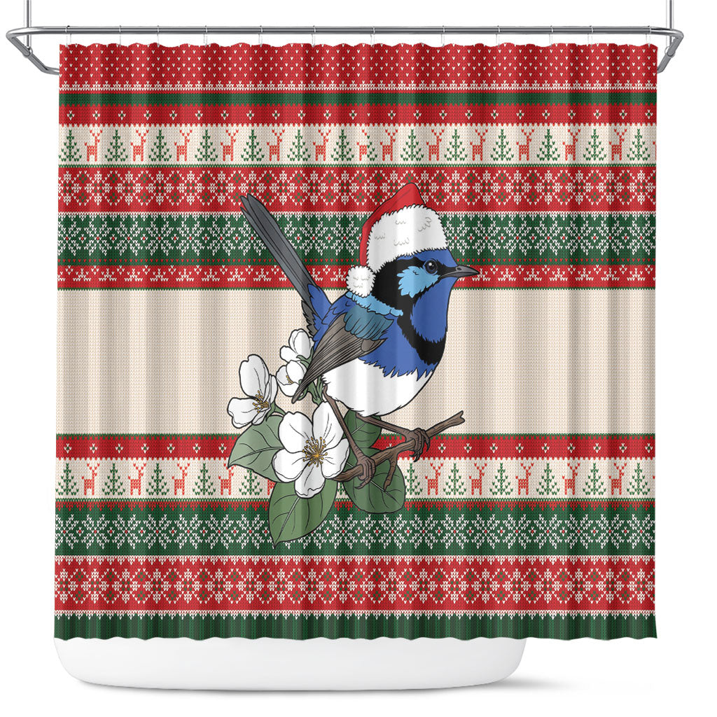 Aussie Fairy-wren Christmas Shower Curtain Festive Knitted Pattern Inspired