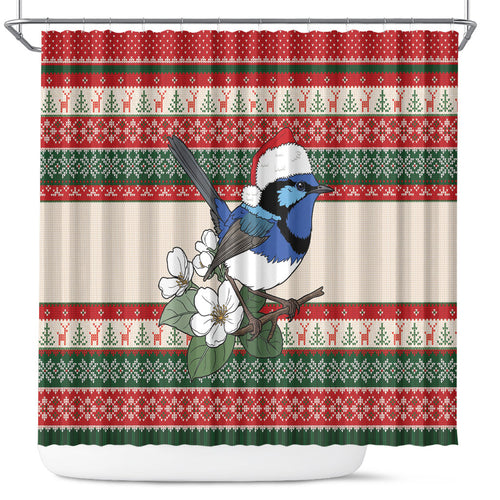 Aussie Fairy-wren Christmas Shower Curtain Festive Knitted Pattern Inspired