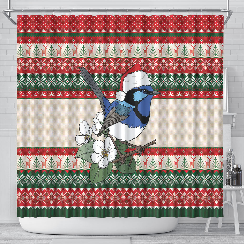 Aussie Fairy-wren Christmas Shower Curtain Festive Knitted Pattern Inspired