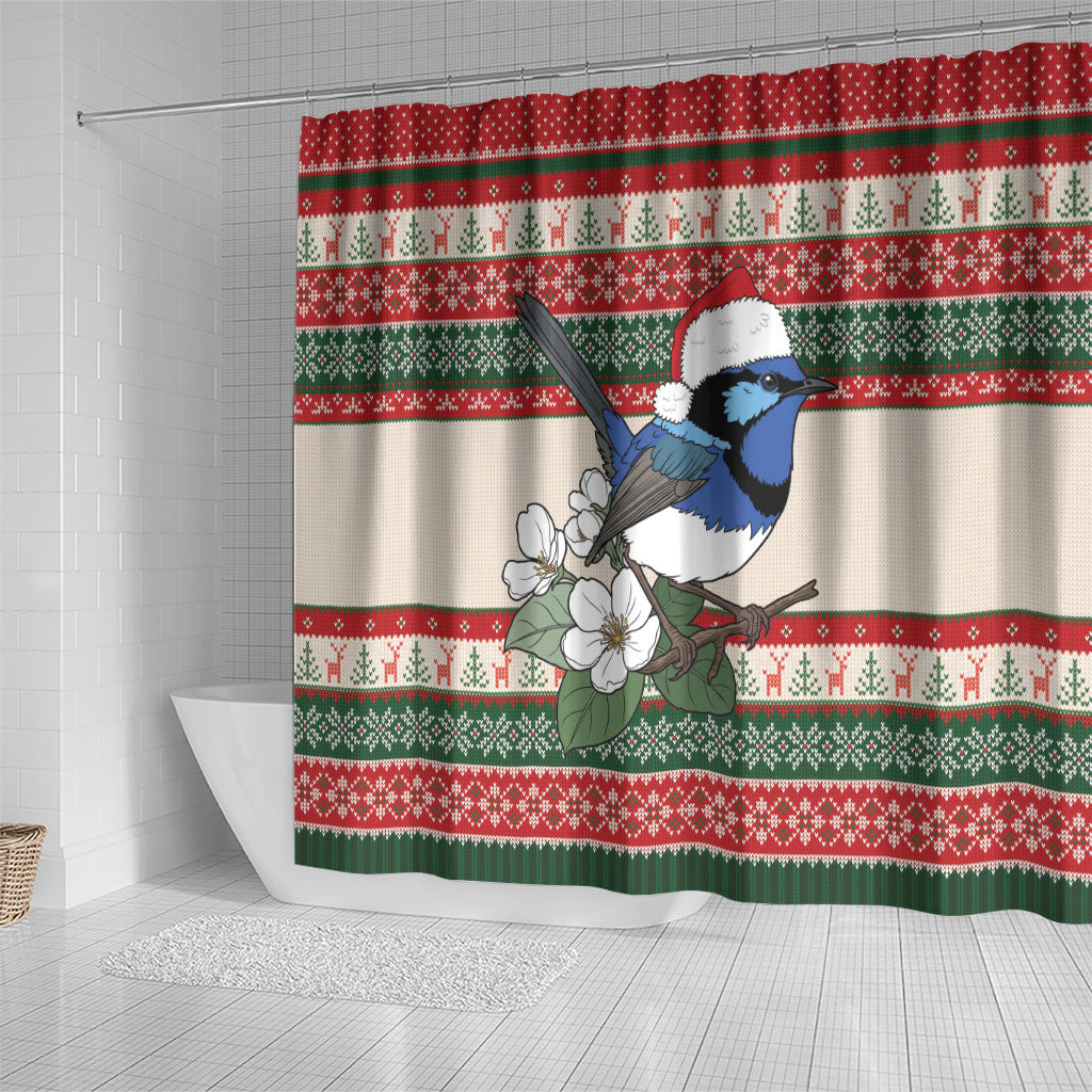 Aussie Fairy-wren Christmas Shower Curtain Festive Knitted Pattern Inspired
