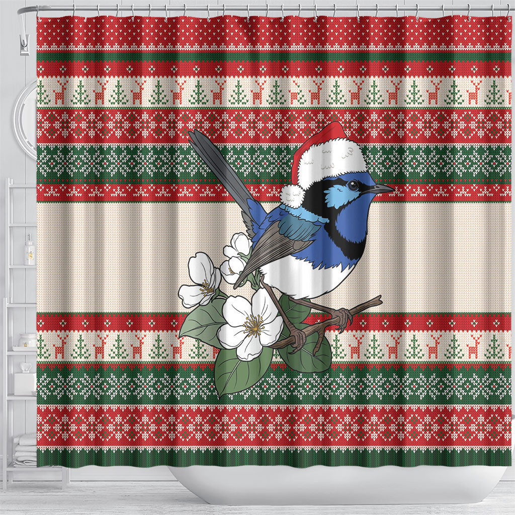 Aussie Fairy-wren Christmas Shower Curtain Festive Knitted Pattern Inspired
