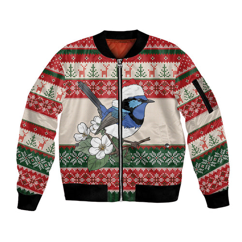 Aussie Fairy-wren Christmas Sleeve Zip Bomber Jacket Festive Knitted Pattern Inspired