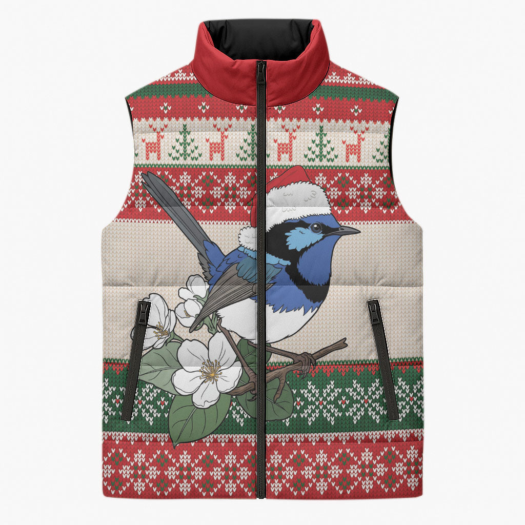 Aussie Fairy-wren Christmas Sleeveless Puffer Jacket Festive Knitted Pattern Inspired