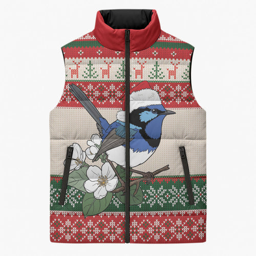 Aussie Fairy-wren Christmas Sleeveless Puffer Jacket Festive Knitted Pattern Inspired