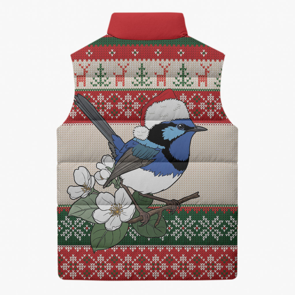 Aussie Fairy-wren Christmas Sleeveless Puffer Jacket Festive Knitted Pattern Inspired