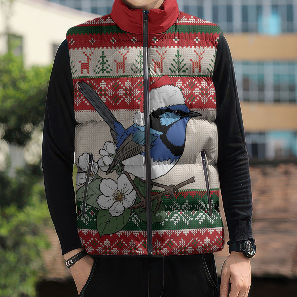 Aussie Fairy-wren Christmas Sleeveless Puffer Jacket Festive Knitted Pattern Inspired